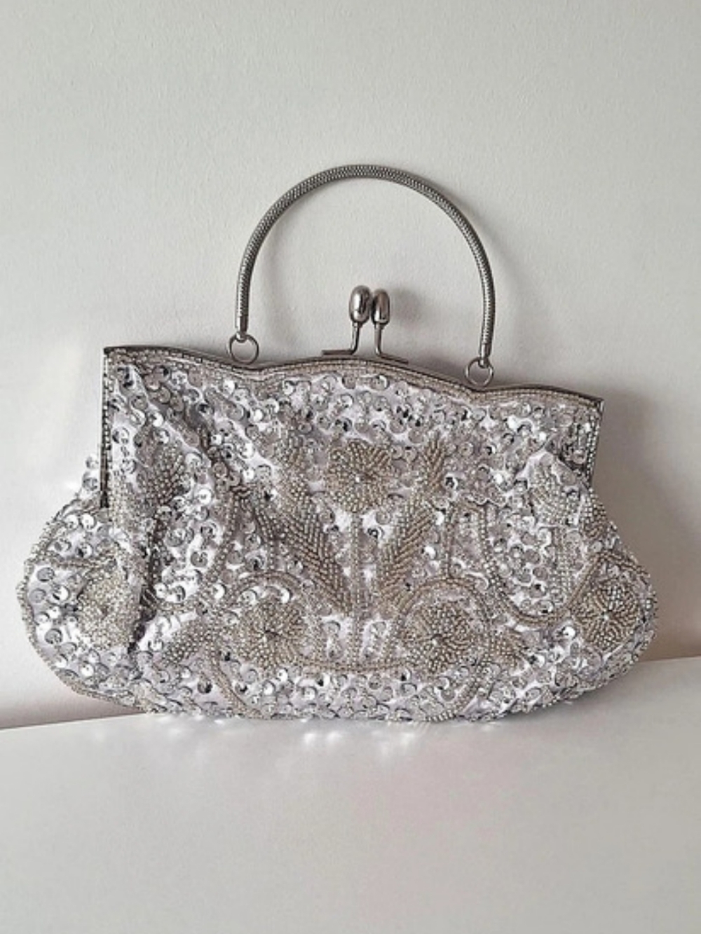 Beaded Floral Clutch in Silver & White